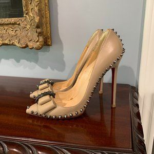 Louboutin Lucifer Bow 120 Spike Pumps size 38.5 Nude Pomice